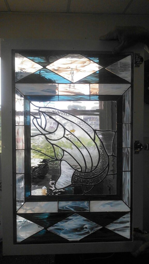 Trout with colored border 31x16 stained glass panel for private home - Peterson Glass